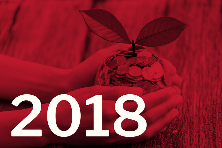 Die Zahl 2018, im Hintergrund eine Pflanze, die aus einem Glas mit Münzen wächst