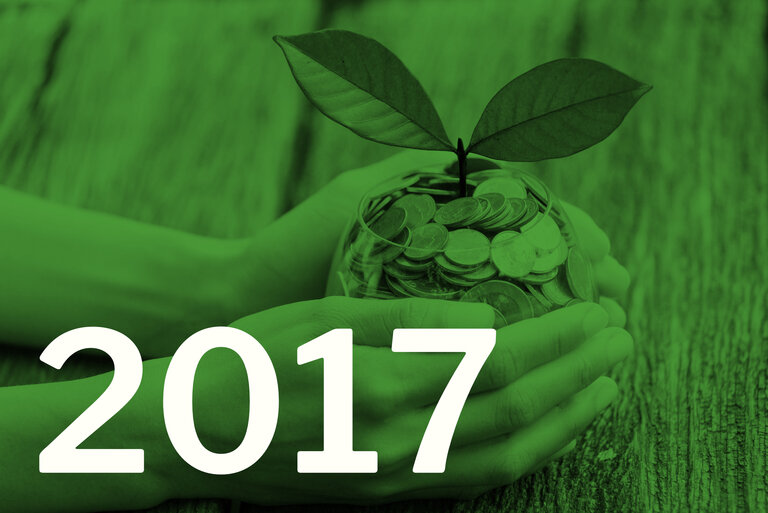 Die Zahl 2017, im Hintergrund eine Pflanze, die aus einem Glas mit Münzen wächst