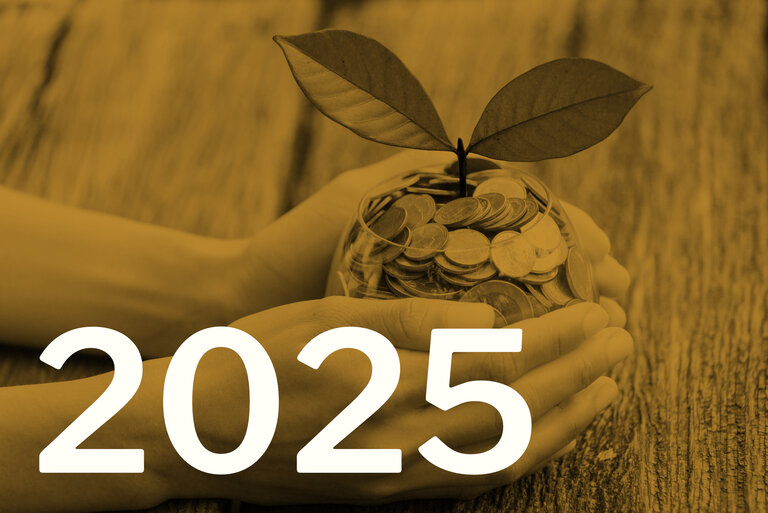 Die Zahl 2025, im Hintergrund eine Pflanze, die aus einem Glas mit Münzen wächst